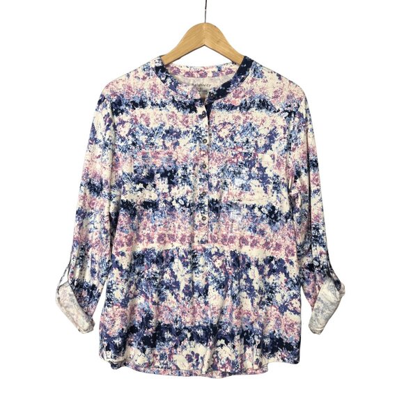 Relativity Women Collarless Half Button Up Abstract Top Sz XL Long Sleeve Pocket - Picture 1 of 8